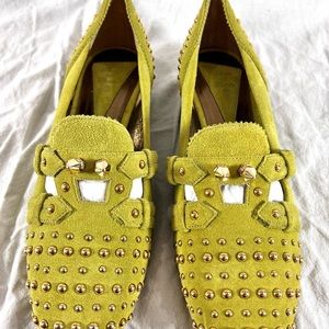 FLEUR ET ROSEE Studded Green Suede Leather Loafers 38 8US Made in Italy